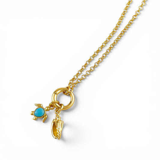 Conch Shell Charm and turtle on carabiner necklace