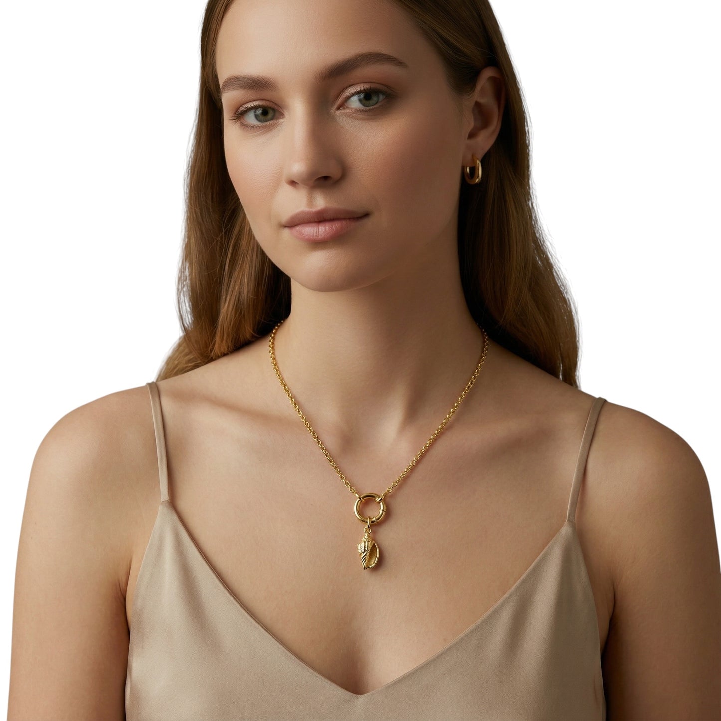 Conch shell charm on csrabiner necklace styled on model