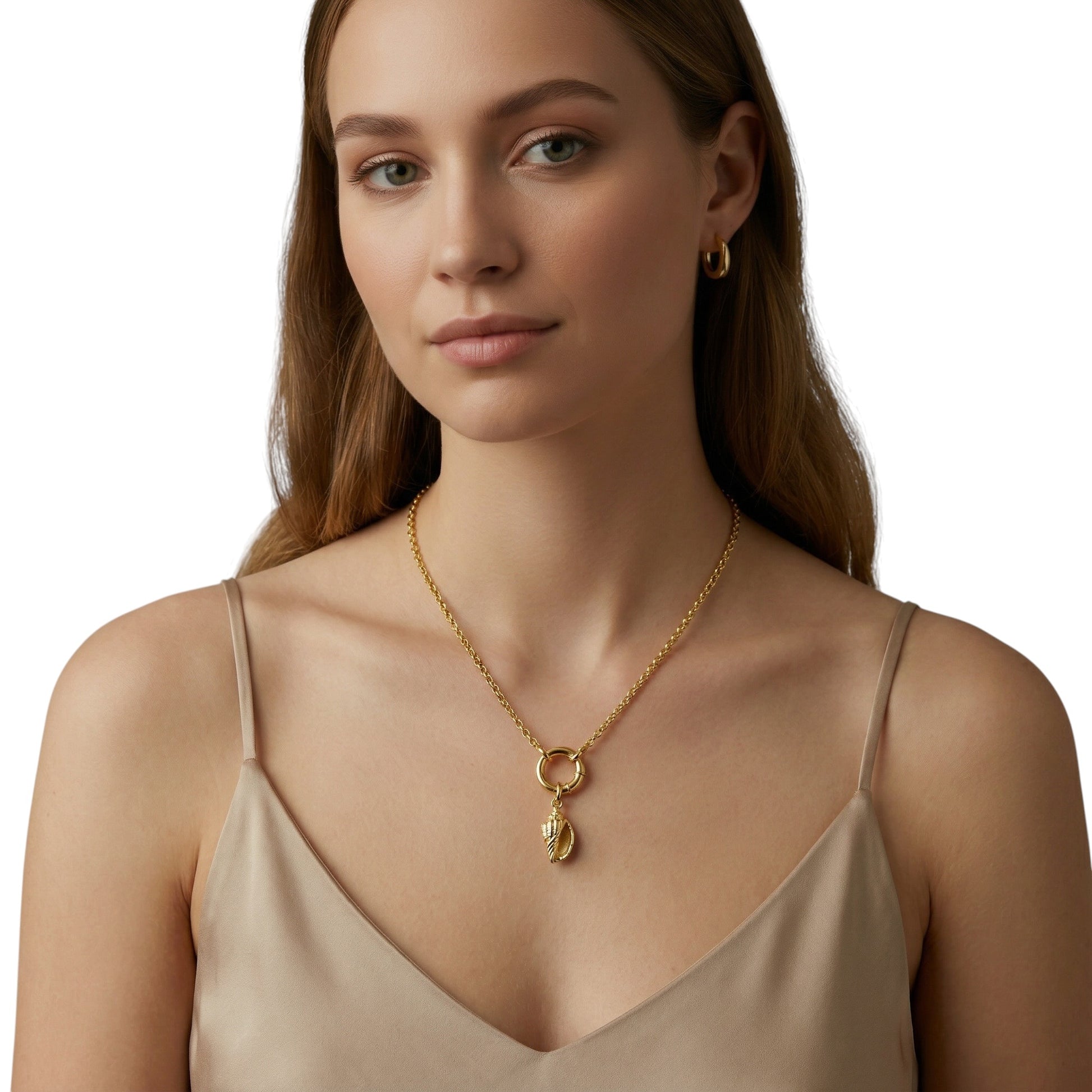 Conch shell charm on csrabiner necklace styled on model