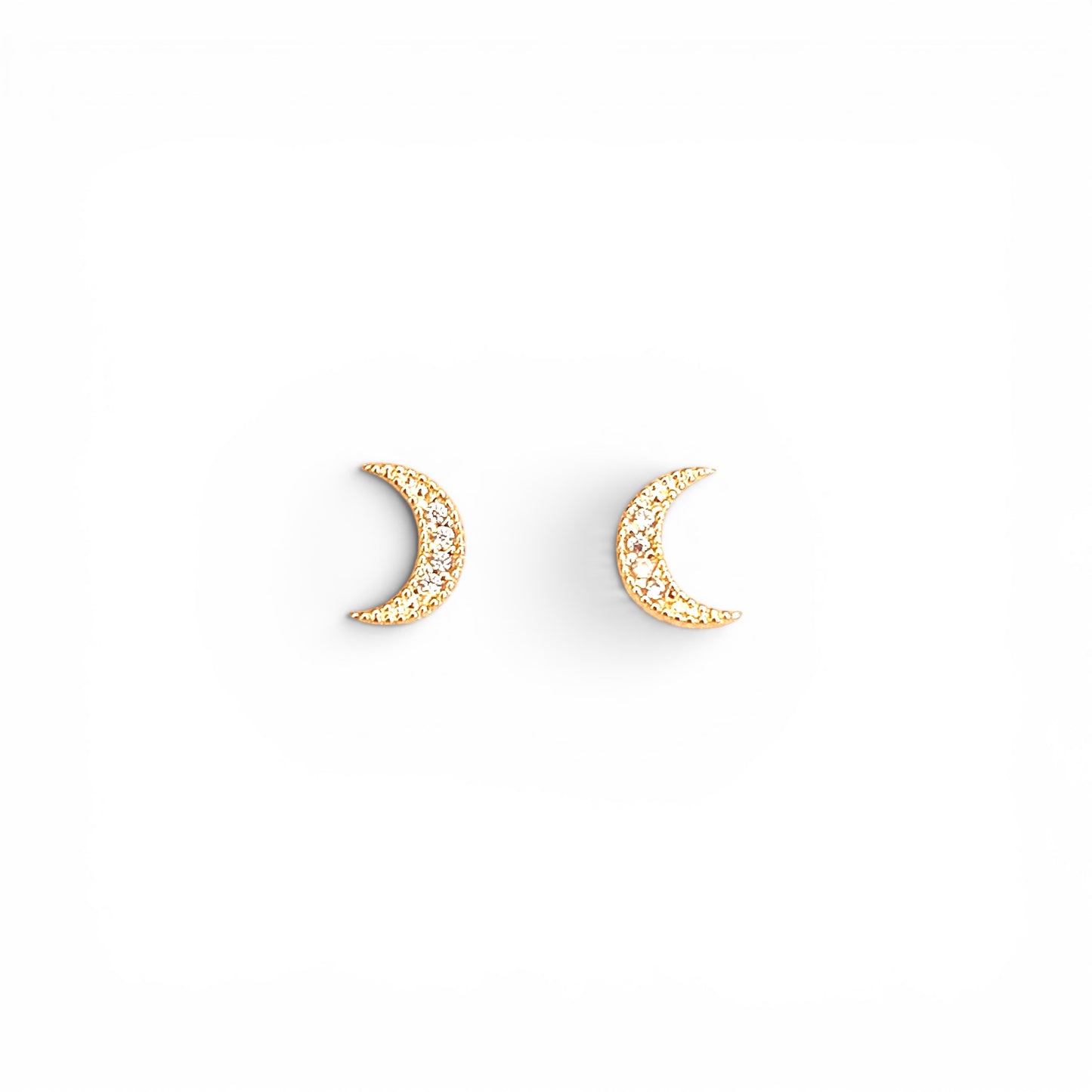Crescent Moon CZ Stud Earrings in 18K Gold Filled on white background