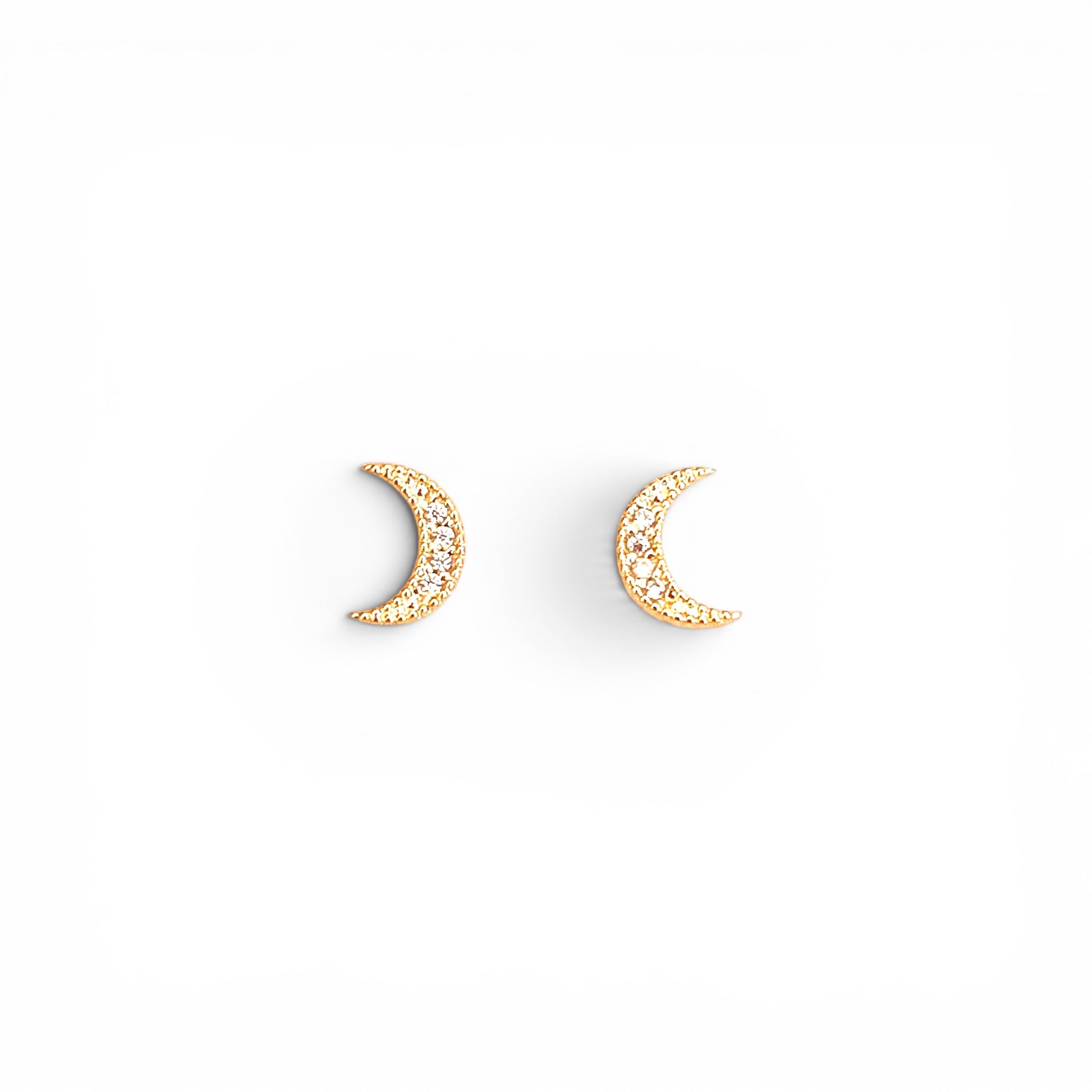 Crescent Moon CZ Stud Earrings in 18K Gold Filled on white background