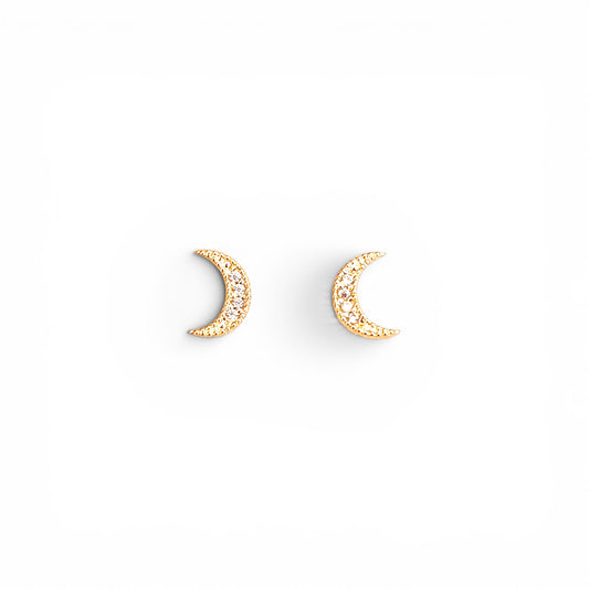 Crescent Moon CZ Stud Earrings in 18K Gold Filled on white background