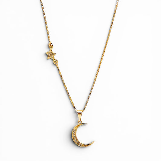 Crescent Moon & Star CZ Necklace in 18K Gold Filled on white background