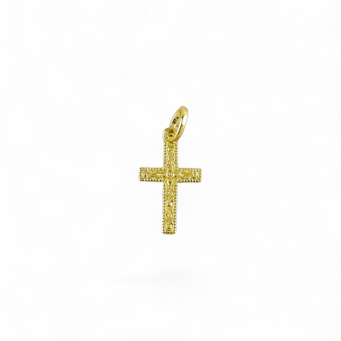 Vintage Engraved Cross Charm in 18K Gold Filled on white background