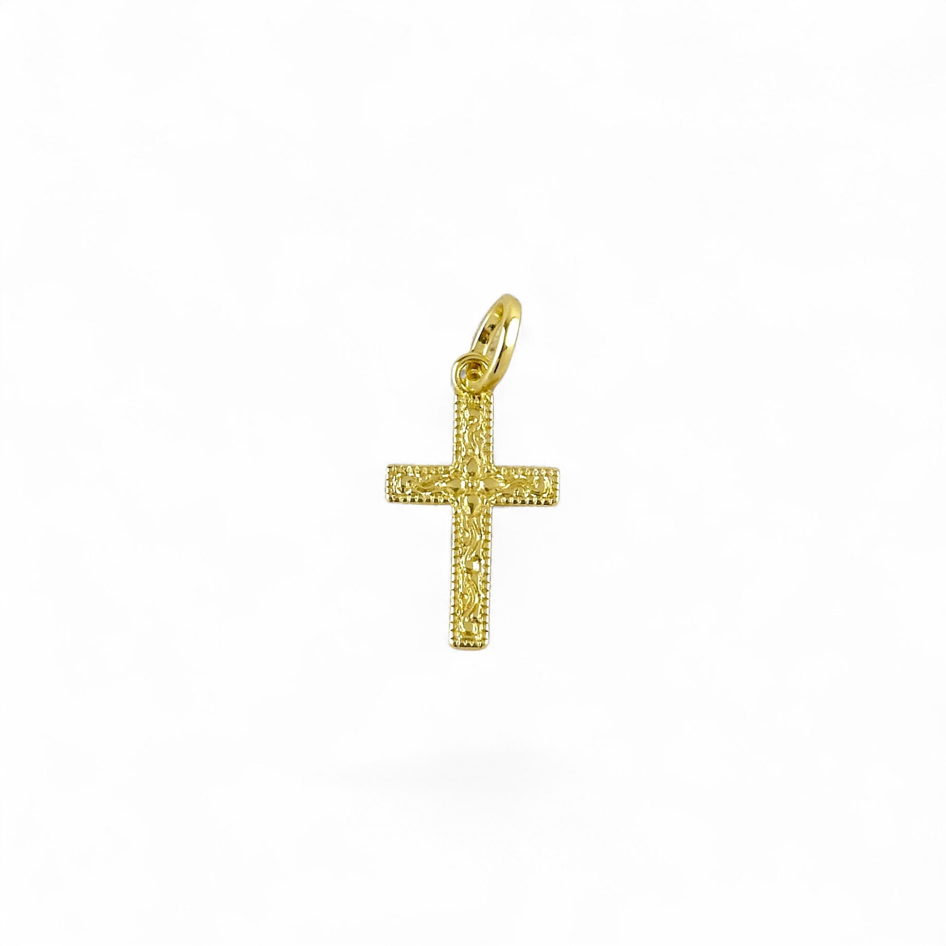 Vintage Engraved Cross Charm in 18K Gold Filled on white background