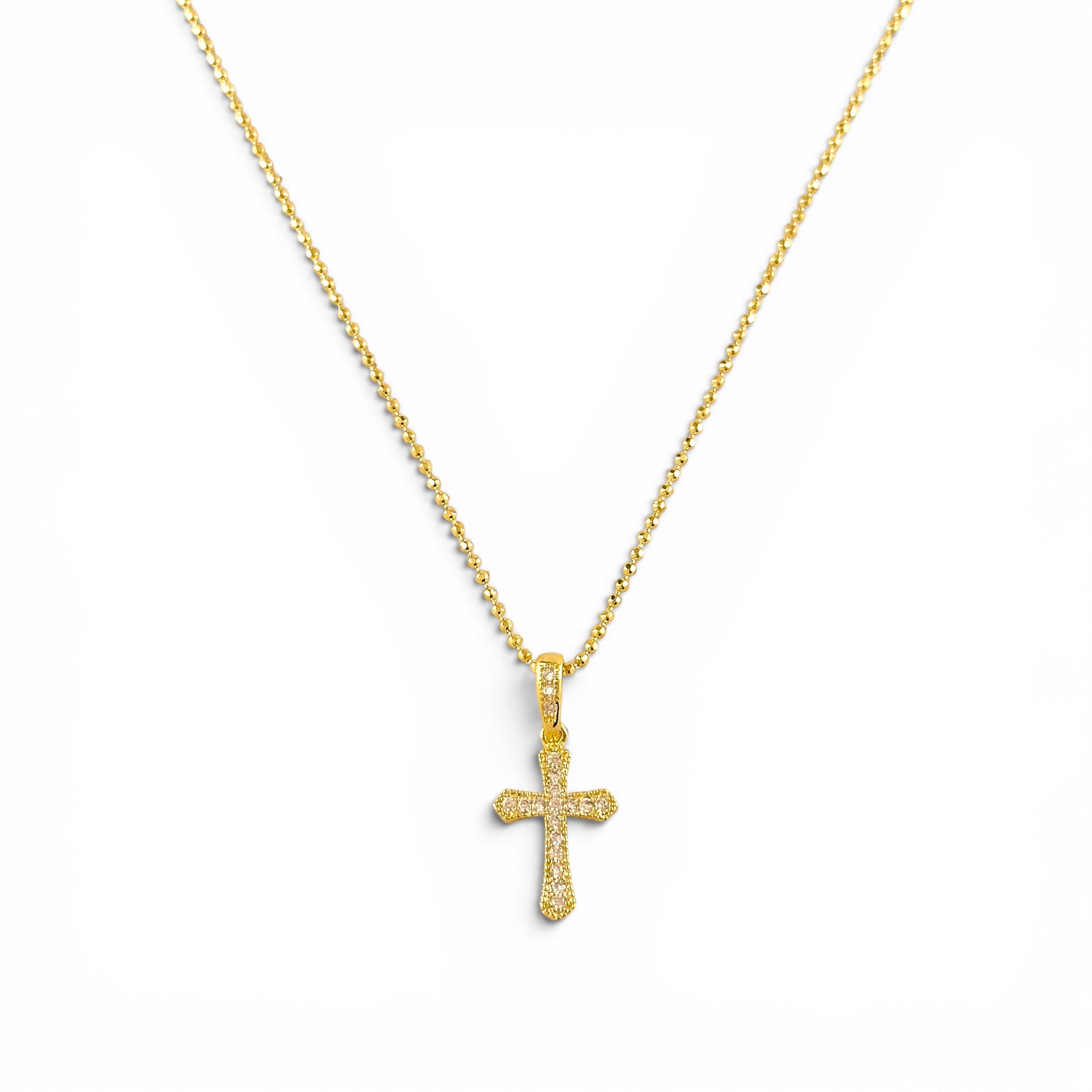 Cross Pavé CZ Necklace in 18K Gold Filled on white background
