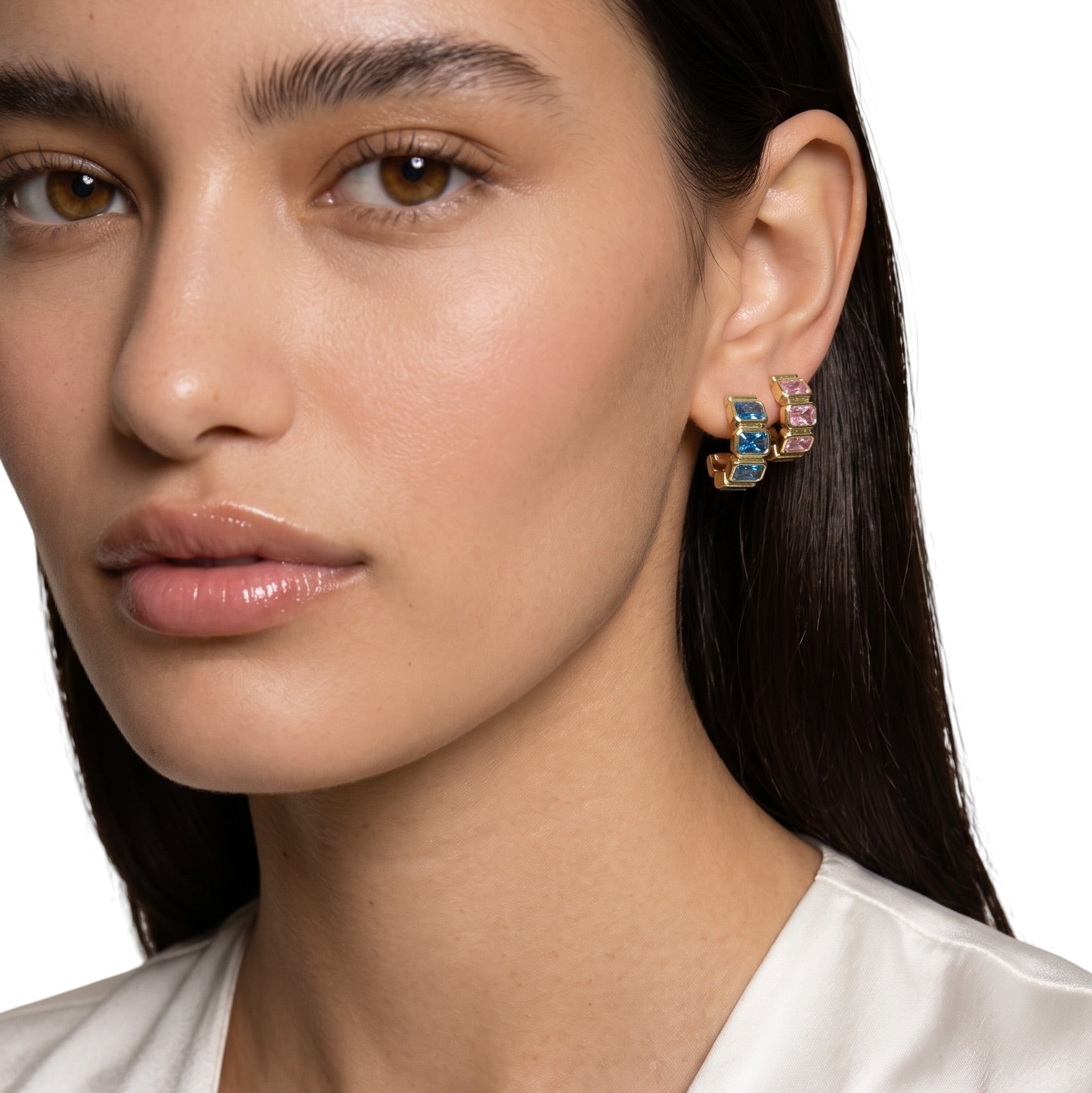 Cz Baguette 18K Gold Filled Stud Earrings on Model