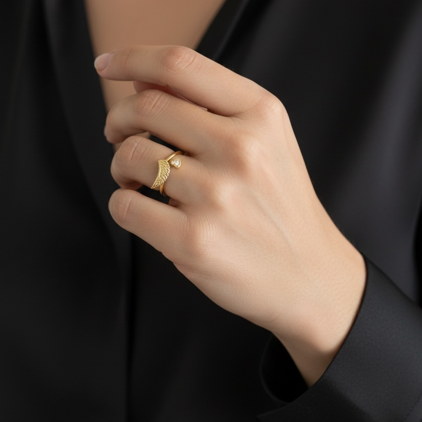 Heart and Wing Adjustable 18K Gold Filled Ring