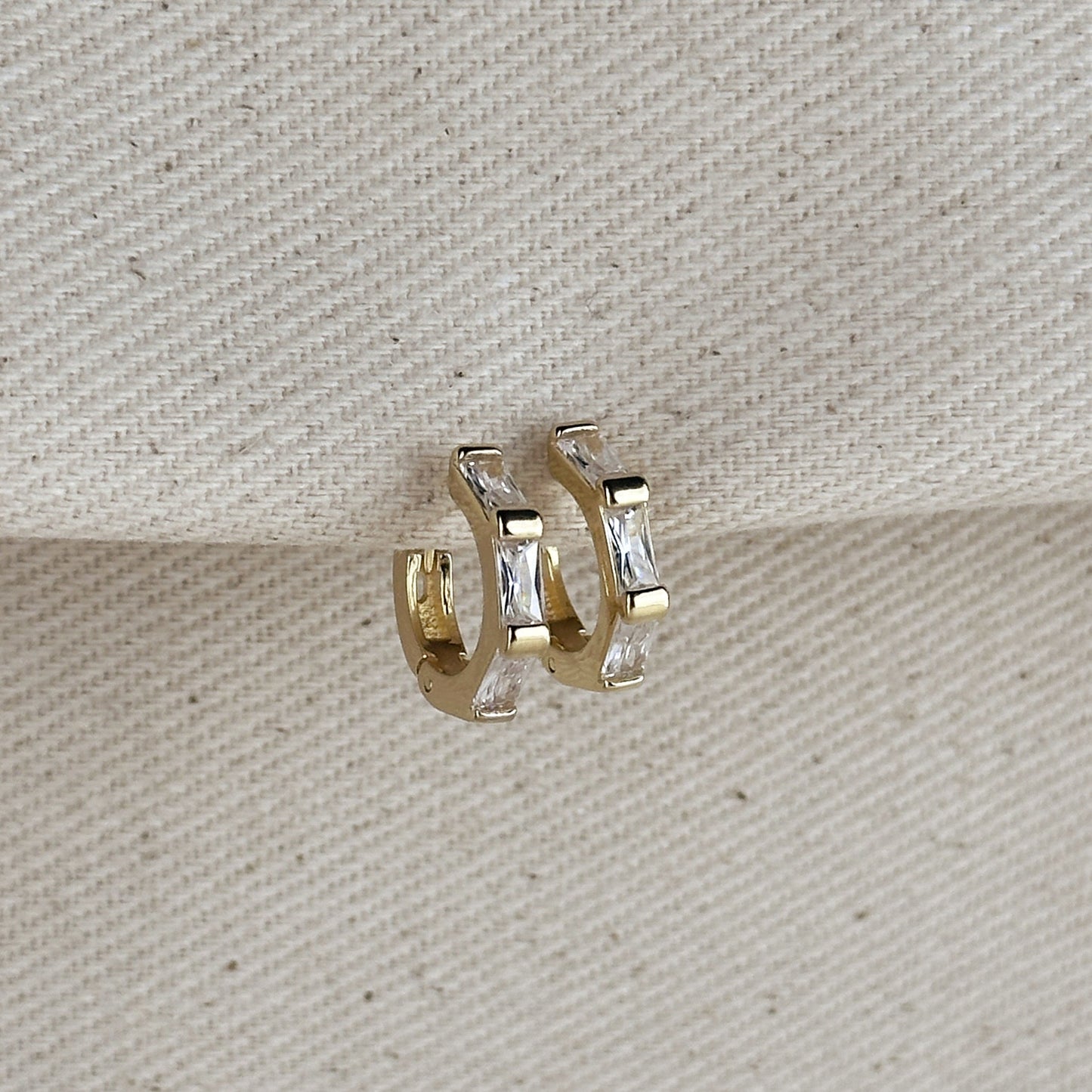 14mm Baguette CZ Huggie Hoop 18k Gold Filled Earrings