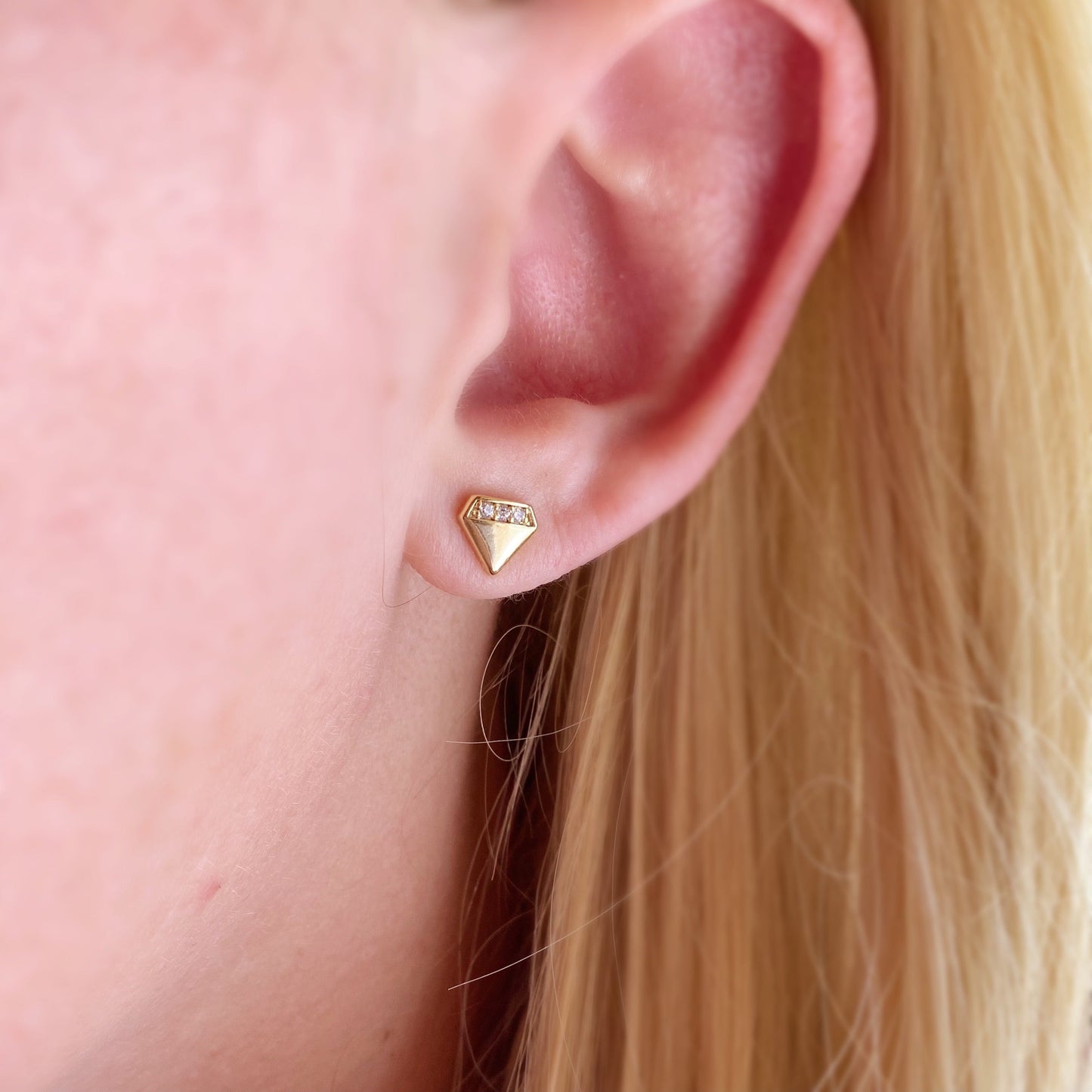 Diamond Shape CZ 18K Gold Filled Stud Earrings on Ear