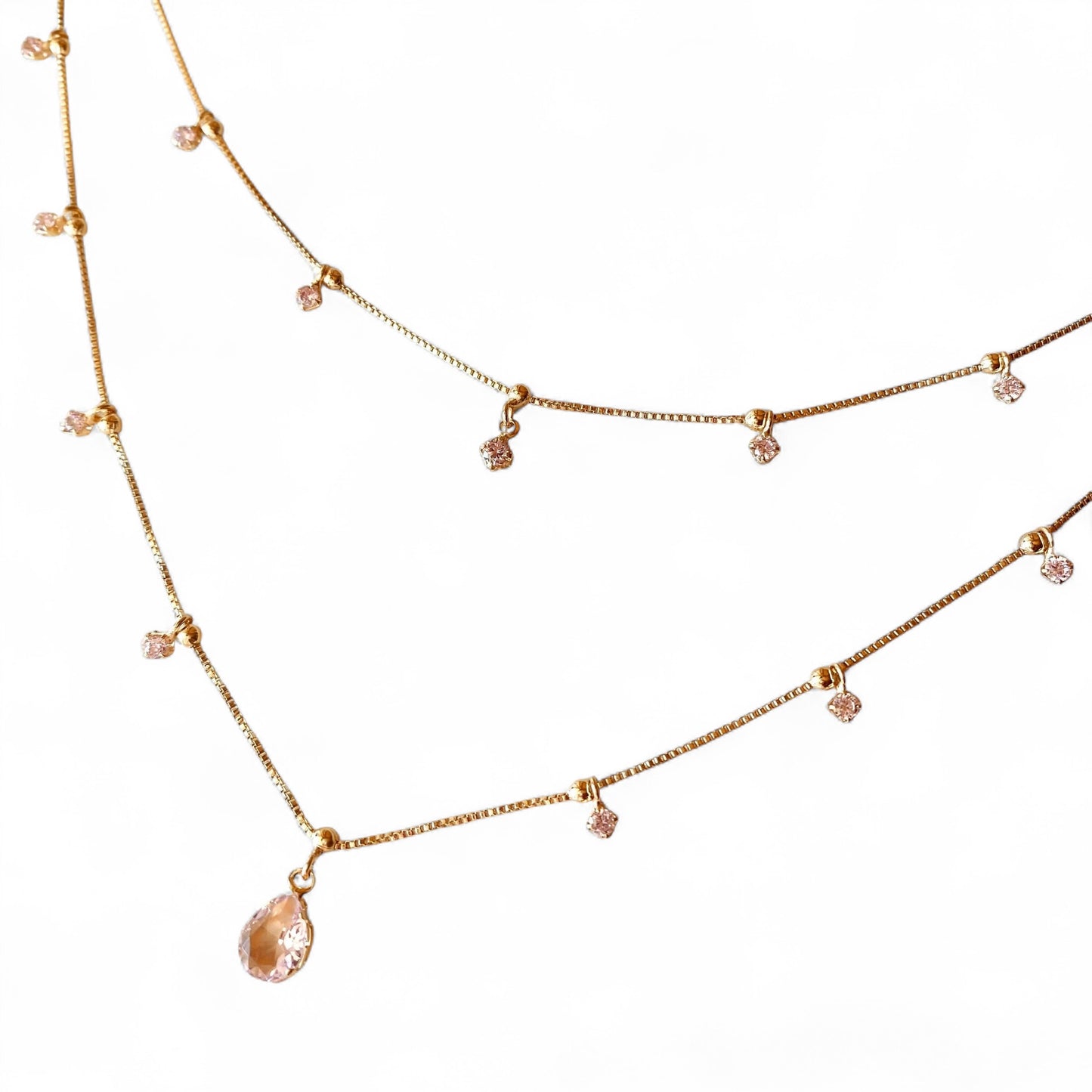 Double-layer necklace featuring small sparkling nude rose stones along the chain