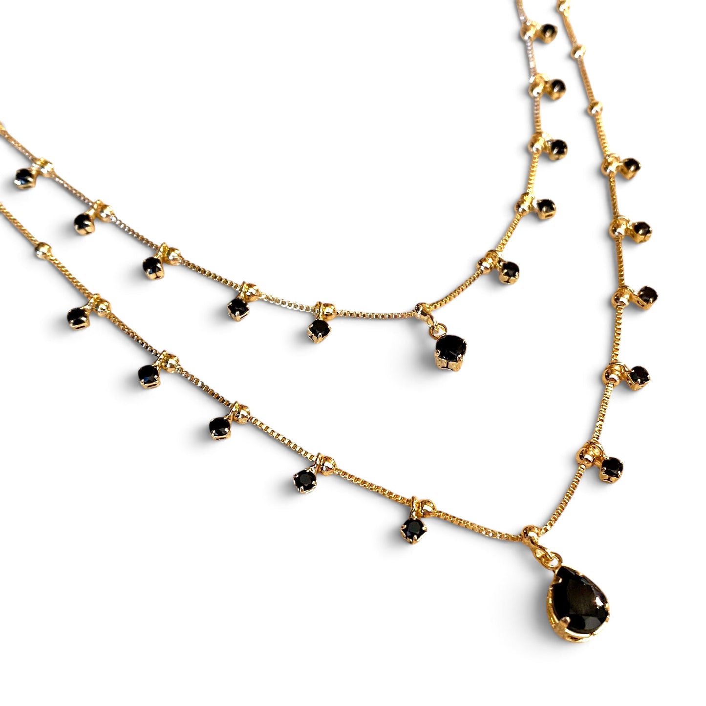 Double Chain Black CZ Teardrop Necklace