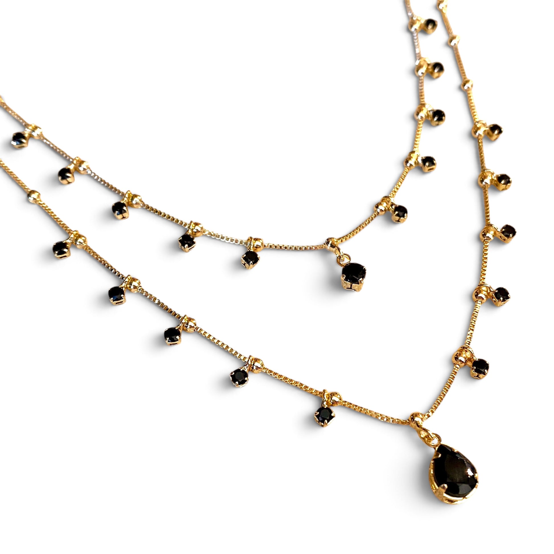 Double Chain Black CZ Teardrop Necklace