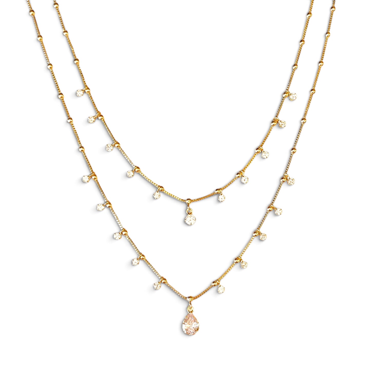 Double Chain CZ Teardrop 18K Gold Filled Necklace