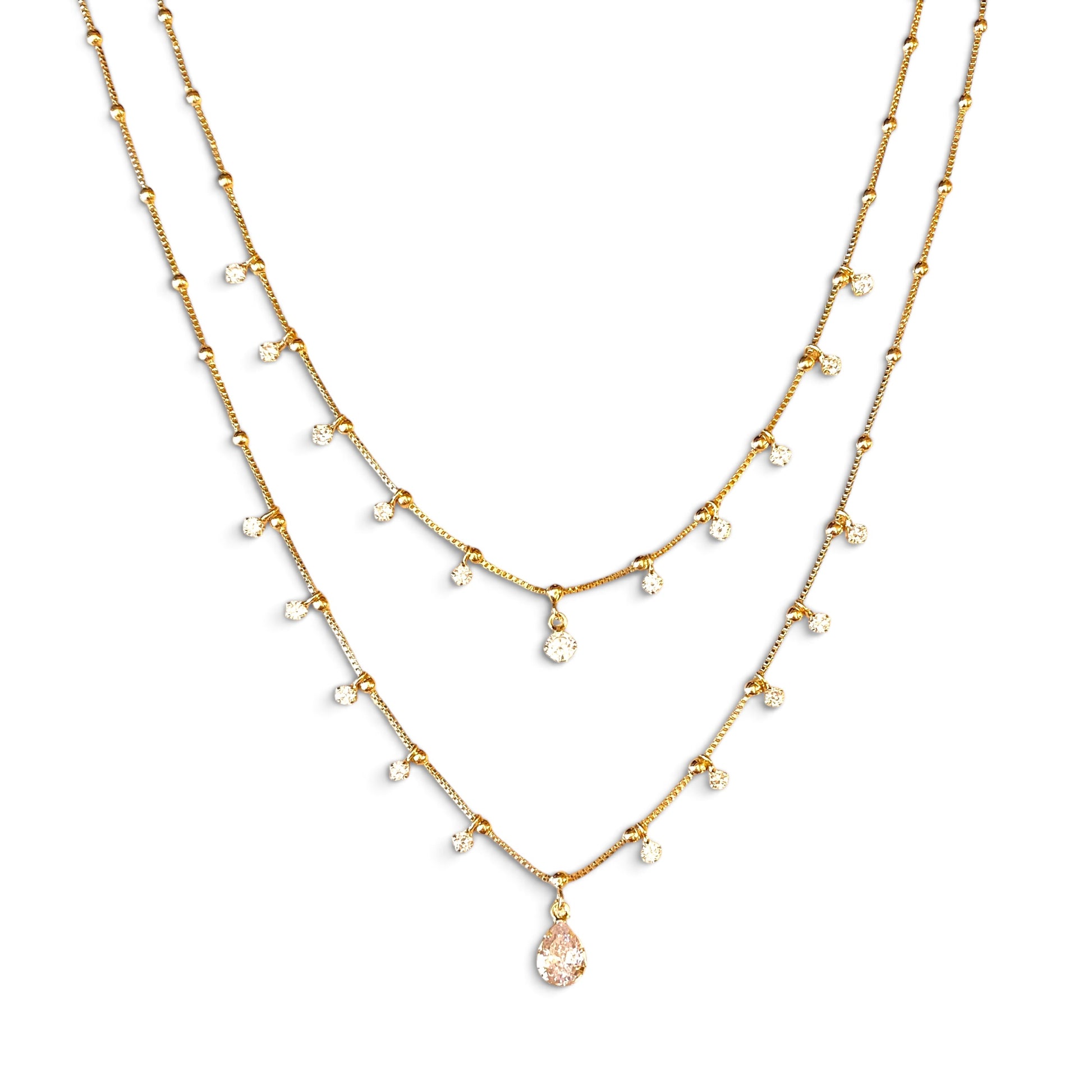 Double Chain CZ Teardrop 18K Gold Filled Necklace