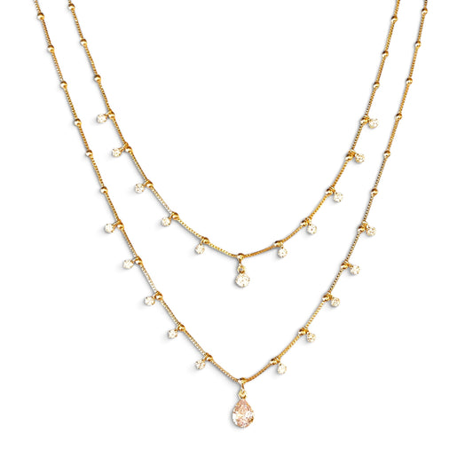 Double Chain CZ Teardrop 18K Gold Filled Necklace