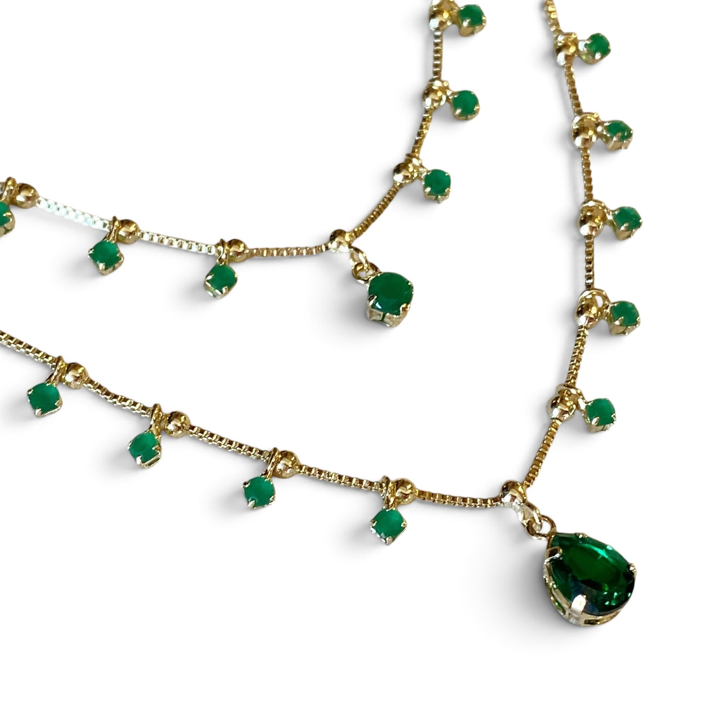 Double Chain Emerald CZ Teardrop Necklace