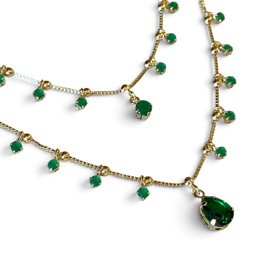 Double Chain Emerald CZ Teardrop Necklace