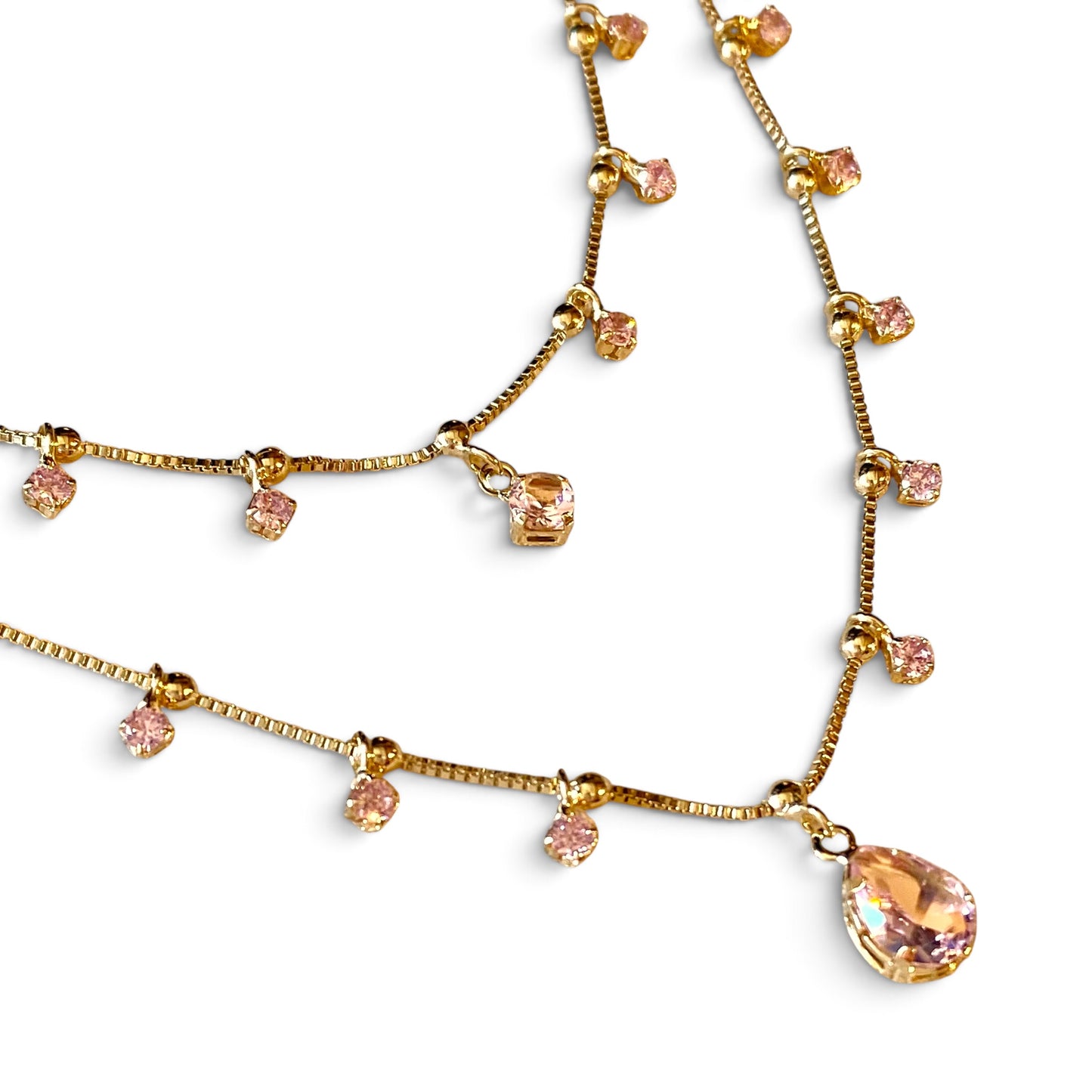 Double Chain Nude Pink CZ Teardrop Necklace