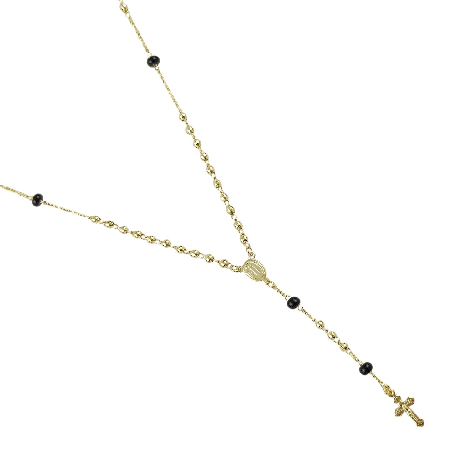 18" Our Motther of Grace Black Bead Rosary 18k Gold Filled  Necklace