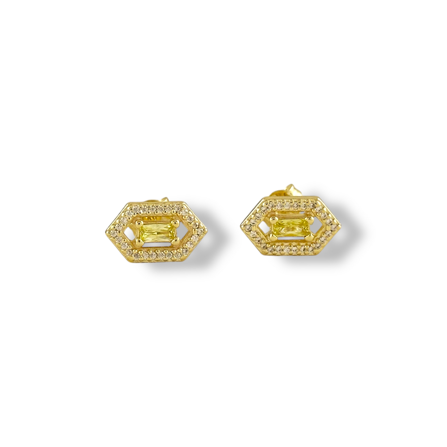 Baguette Birthstone Hexagon Halo Stud 18k Gold Filled Earrings