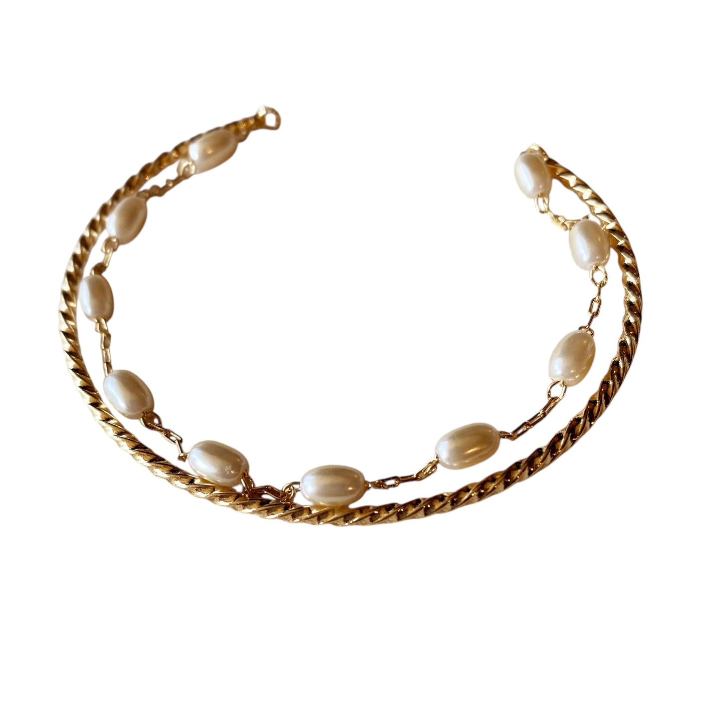 Twisted Cuff & Pearl Chain 18k Gold Filled Bracelet