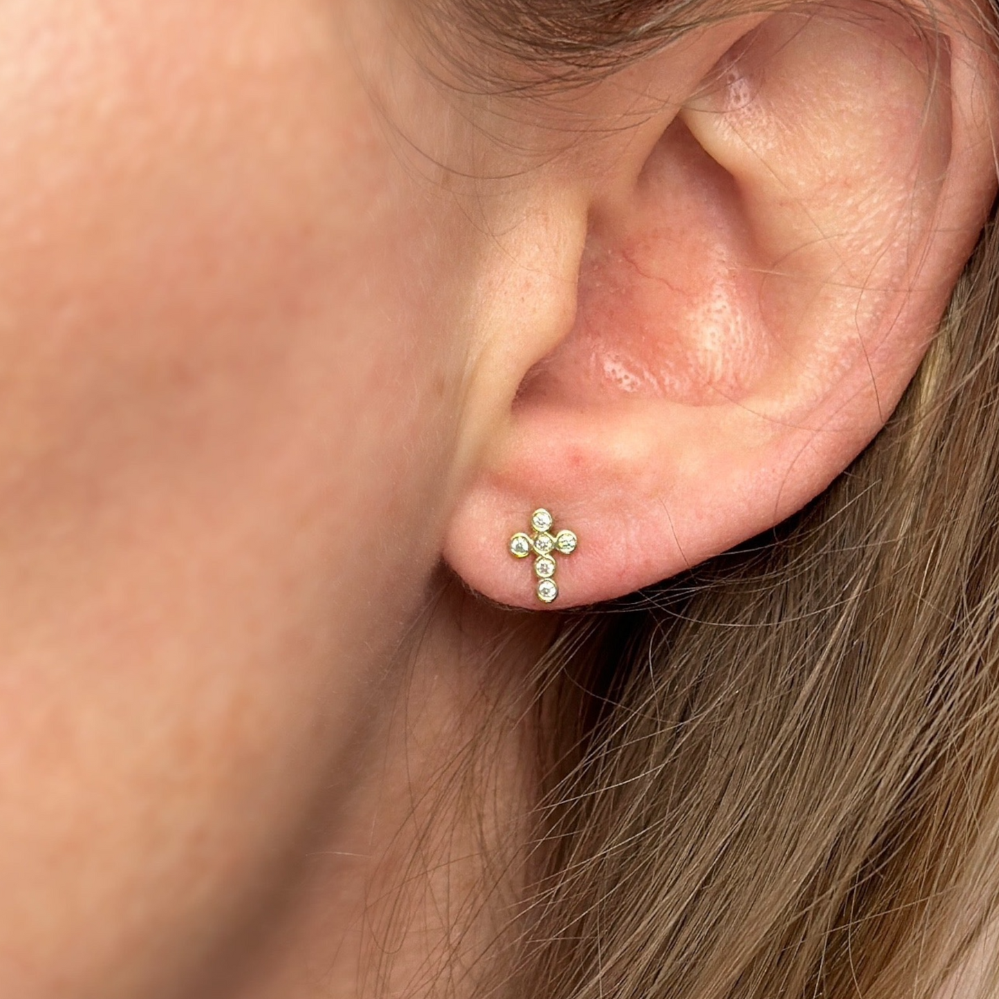 7mm CZ Bezel Cross Stud 18k Gold Filled Earrings