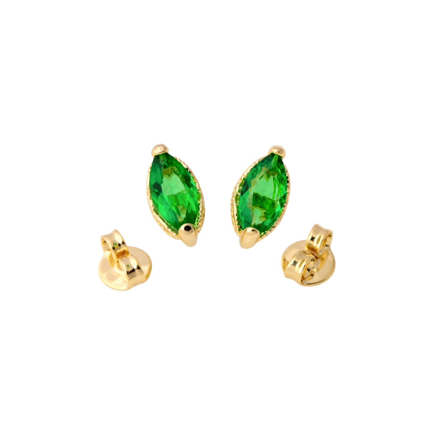CZ Vintage Marquise Emerald Stud 18K Gold Fille Earrings