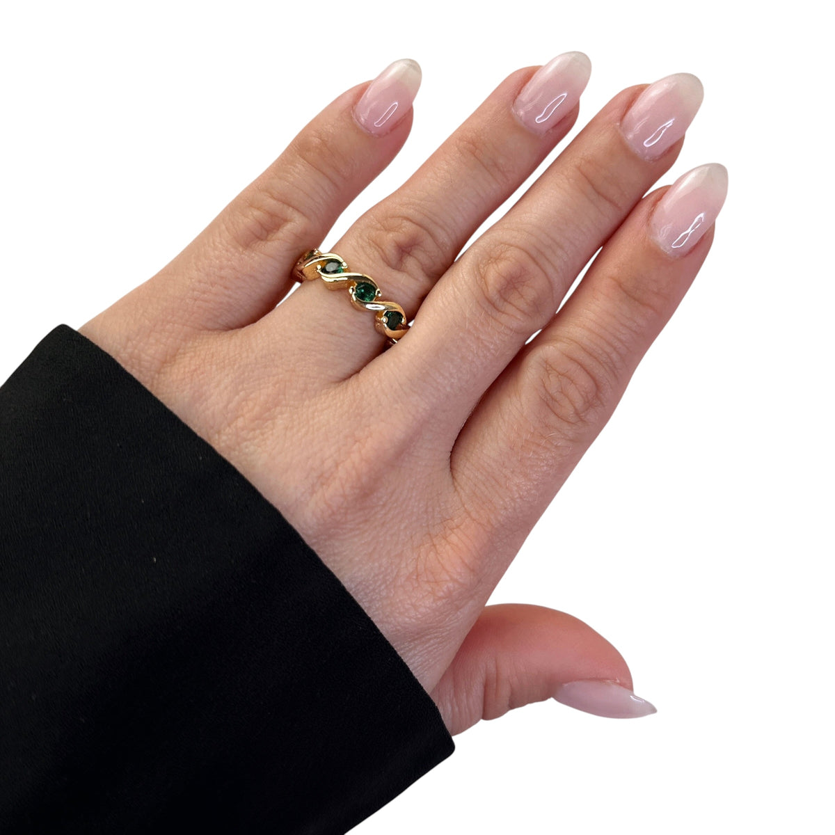 Emerald CZ Wave Eternity Ring on Hand