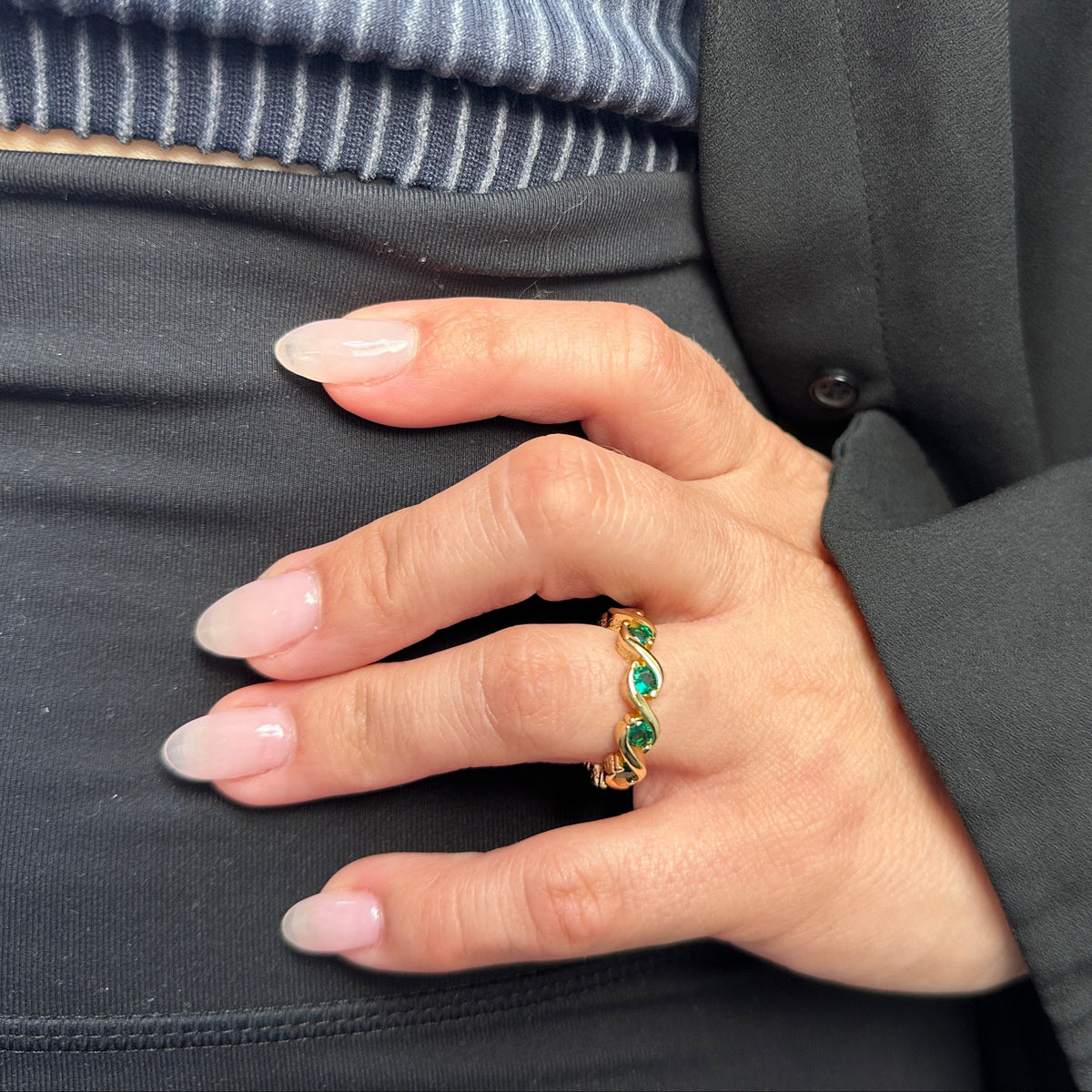 Emerald CZ Wave Eternity Ring on Model