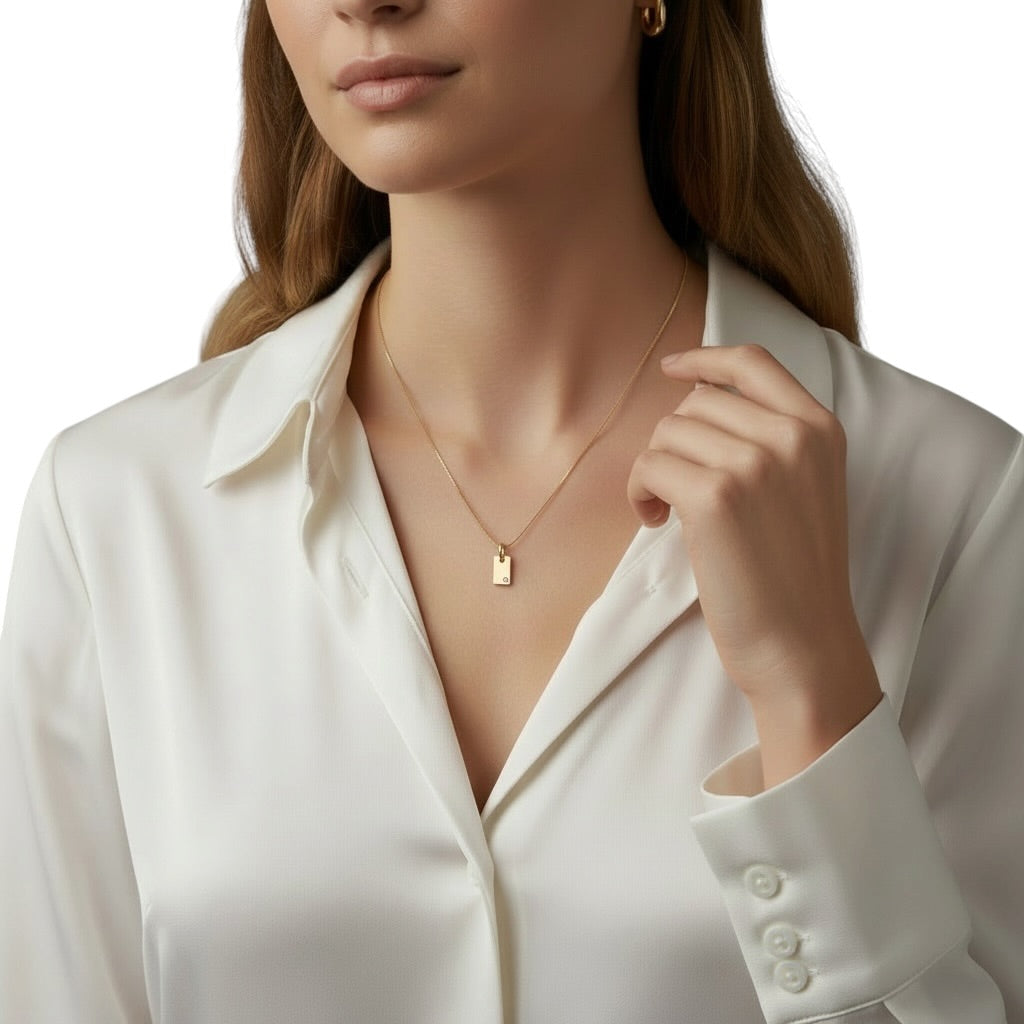Engravable CZ Plate Necklace on Model