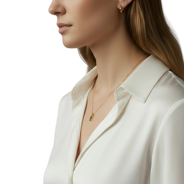 Engravable CZ Plate Necklace on Model Sideways