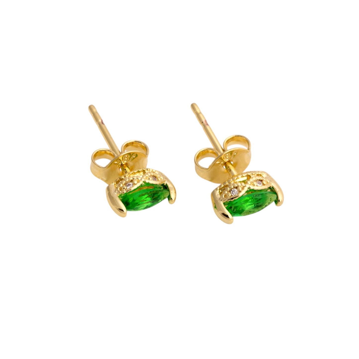 CZ Vintage Marquise Emerald Stud 18K Gold Fille Earrings