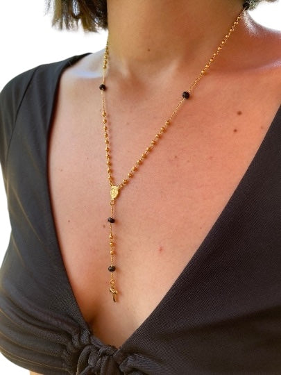 18" Our Motther of Grace Black Bead Rosary 18k Gold Filled  Necklace