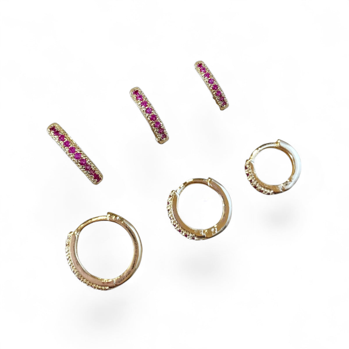 Fuchsia CZ Huggie Trio 18K Gold Filled Hoop Earrings