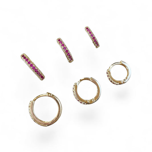 Fuchsia CZ Huggie Trio 18K Gold Filled Hoop Earrings