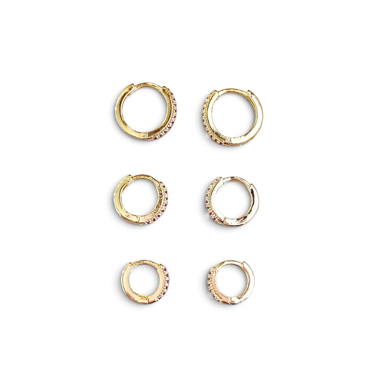 Fuchsia CZ Trio Huggie Hoop Earrings Sideways