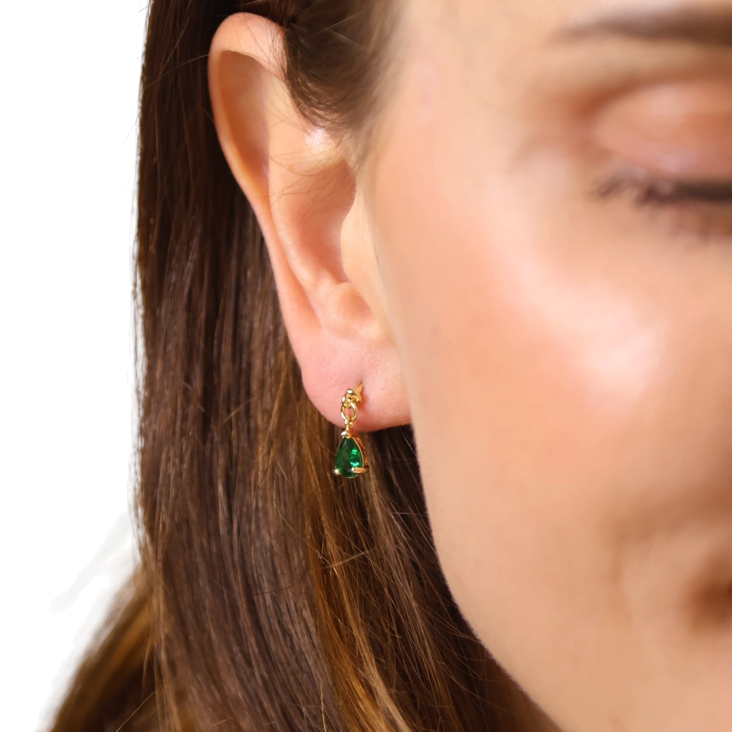 Green Teardrop CZ 18K Gold Filled Drop Earrings on Model