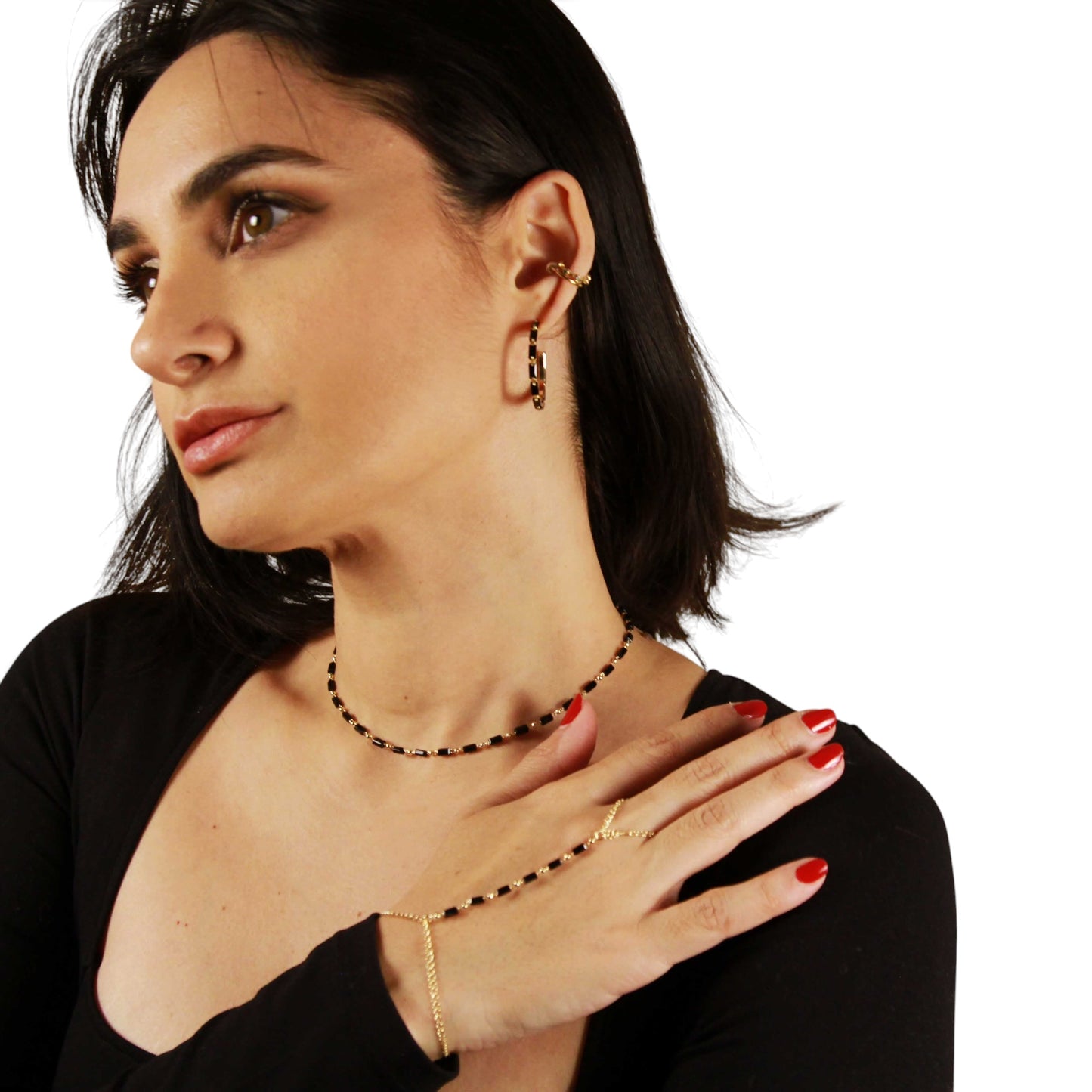 Black Crystal 18K Gold Filled Hand Chain Bracelet