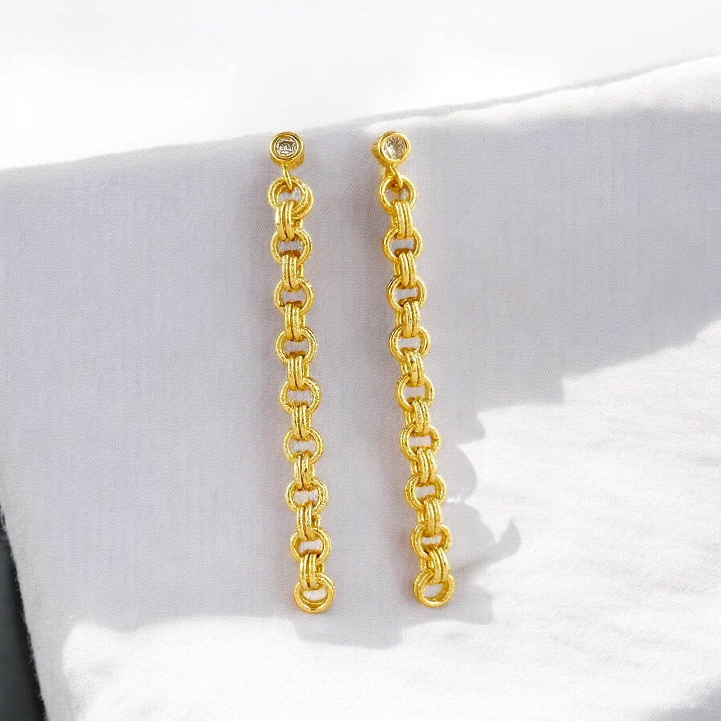 CZ Double Link Rolo Chain Drop 18k Gold Filled Earrings