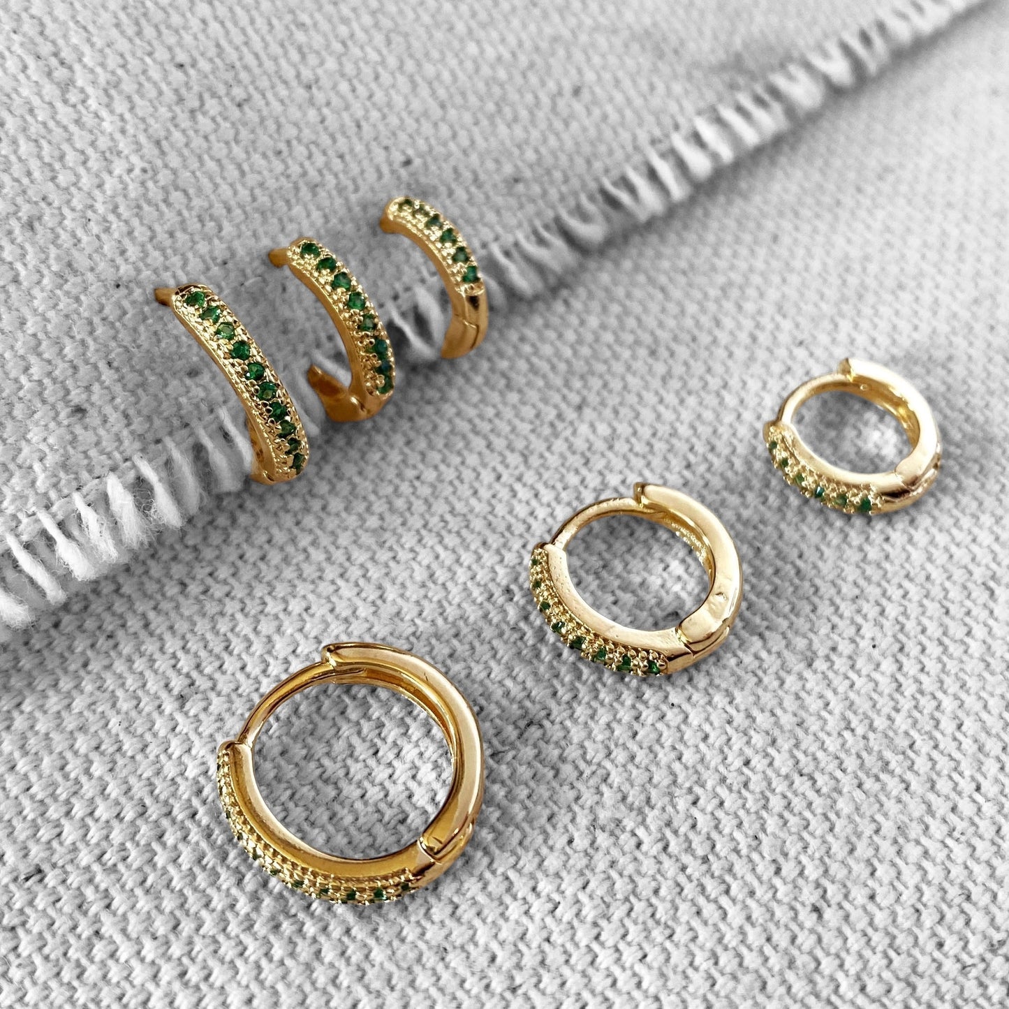 Emerald CZ Huggie Trio 18k Gold Filled Earrings