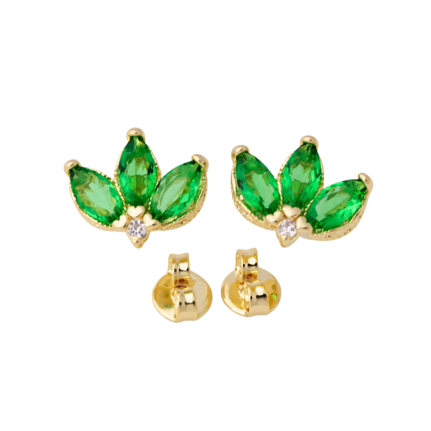 Vintage Emerald Lotus Flower Stud 18K Gold Filled  Earrings