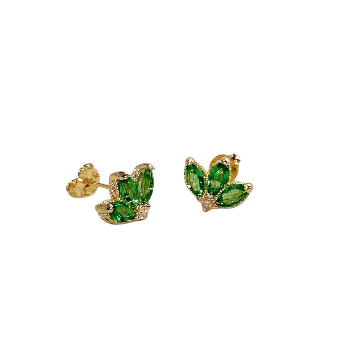 Vintage Emerald Lotus Flower Stud 18K Gold Filled  Earrings