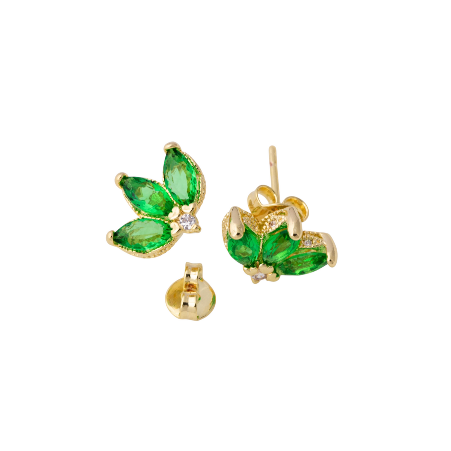 Vintage Emerald Lotus Flower Stud 18K Gold Filled  Earrings