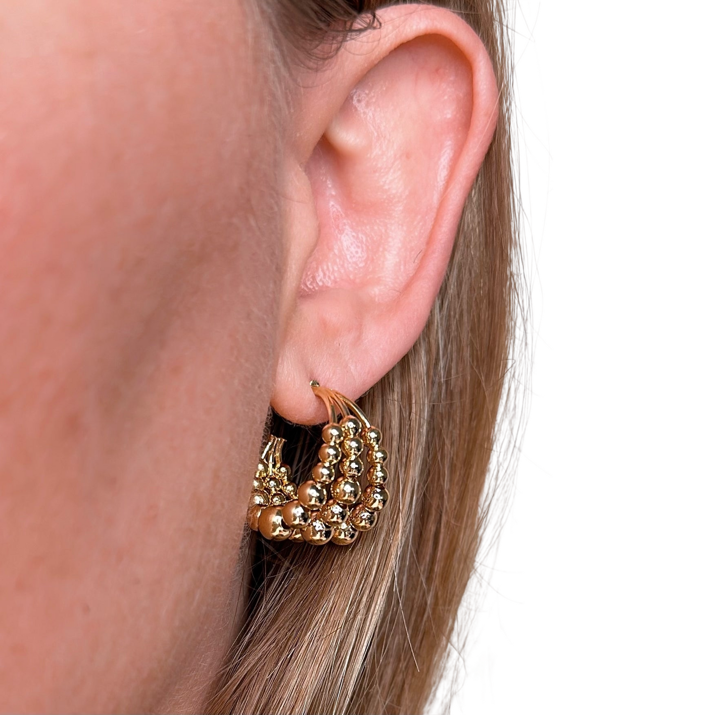 20mm Triple Row Beaded Open Hoop 18k Gold Filled Earrings