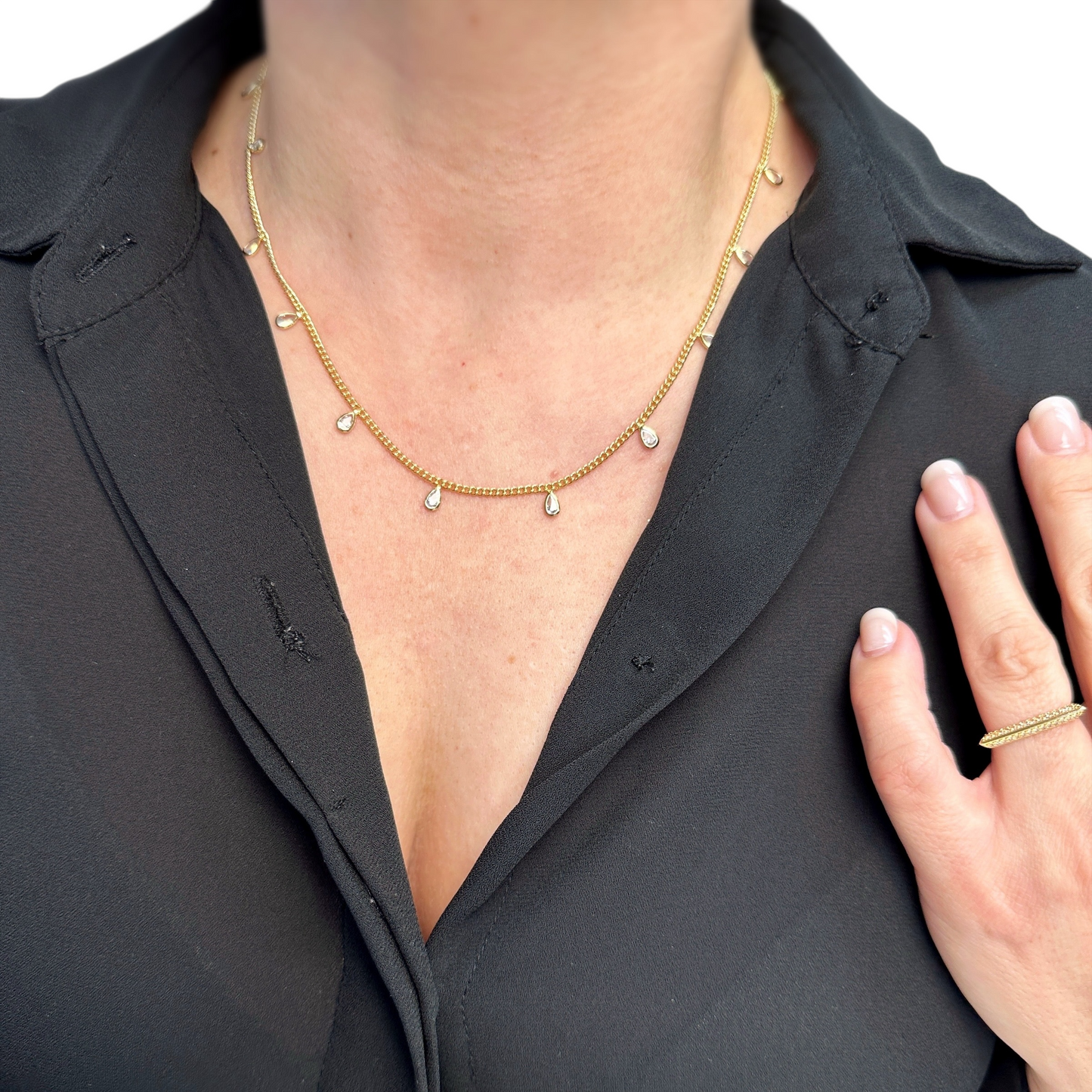 2mm Curb Chain CZ Drops 18k Gold Filled Necklace