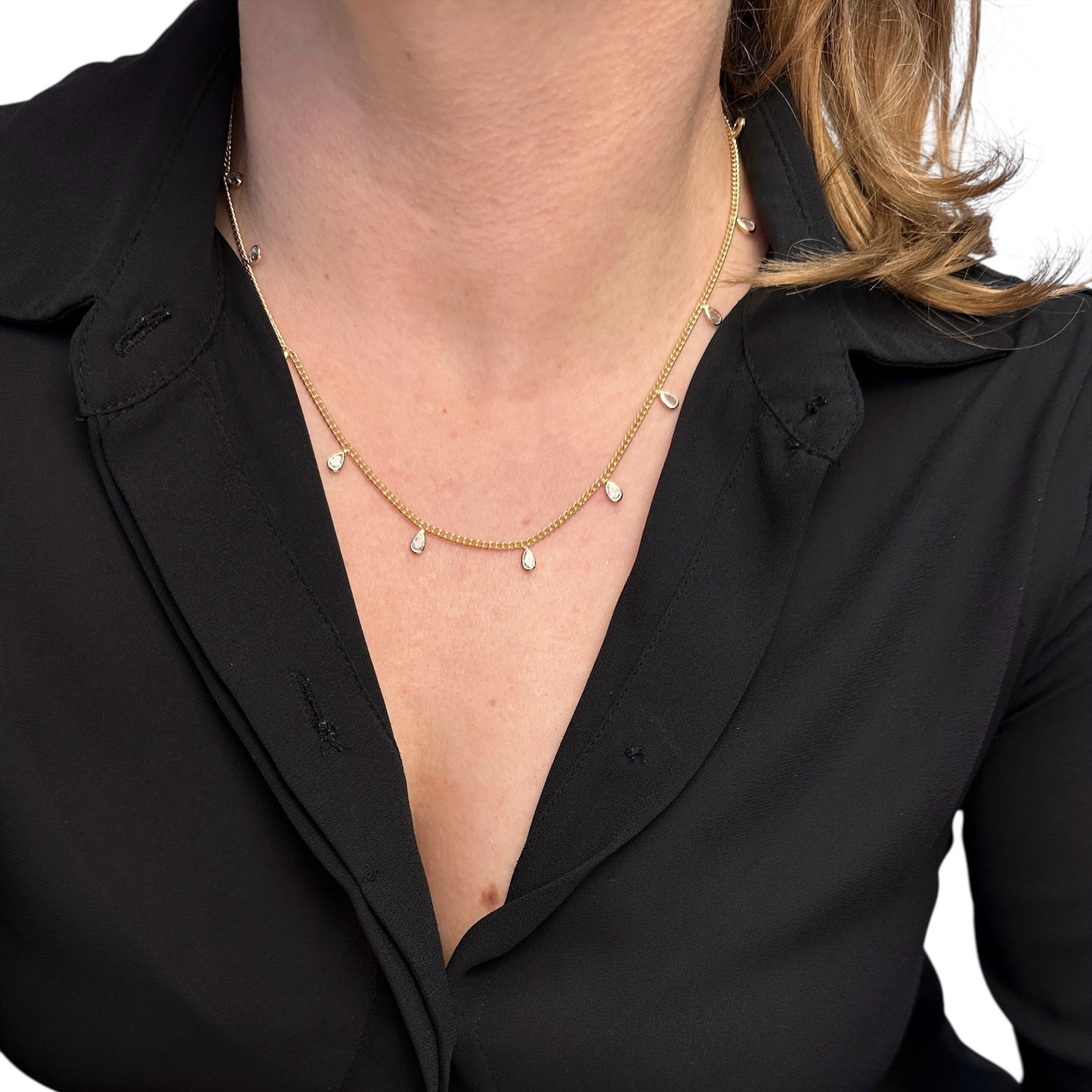 2mm Curb Chain CZ Drops 18k Gold Filled Necklace