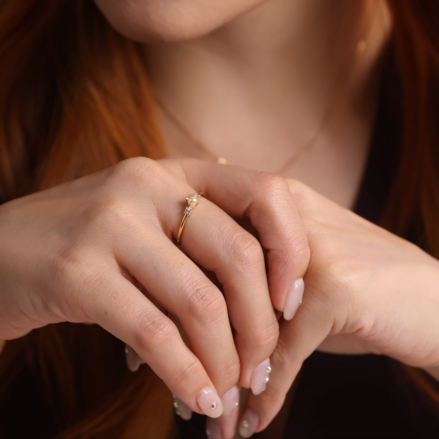 Pearl & CZ Three-Stone 18k Gold Filled Ring