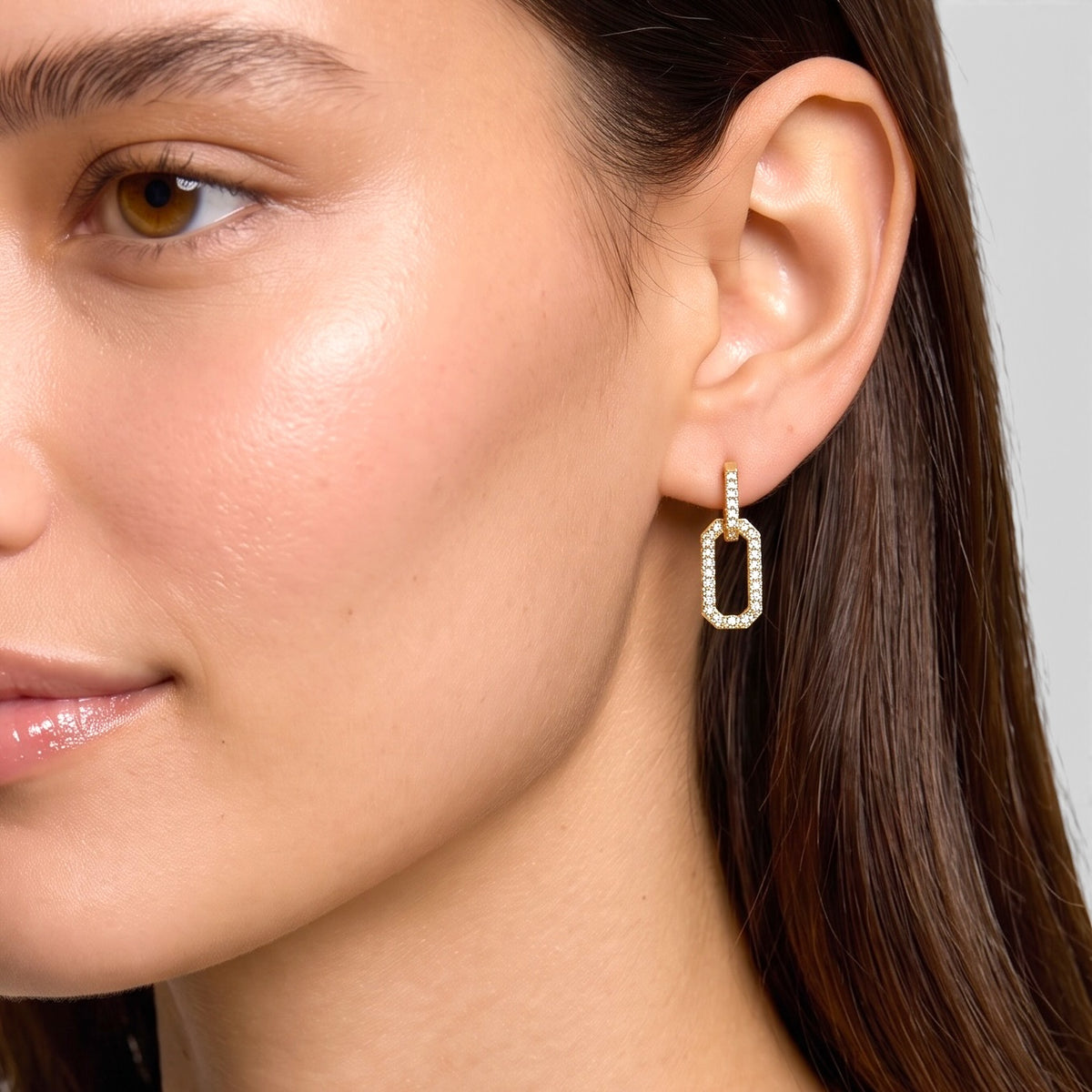 Interlocking Rectangle CZ Drop Earrings on Model