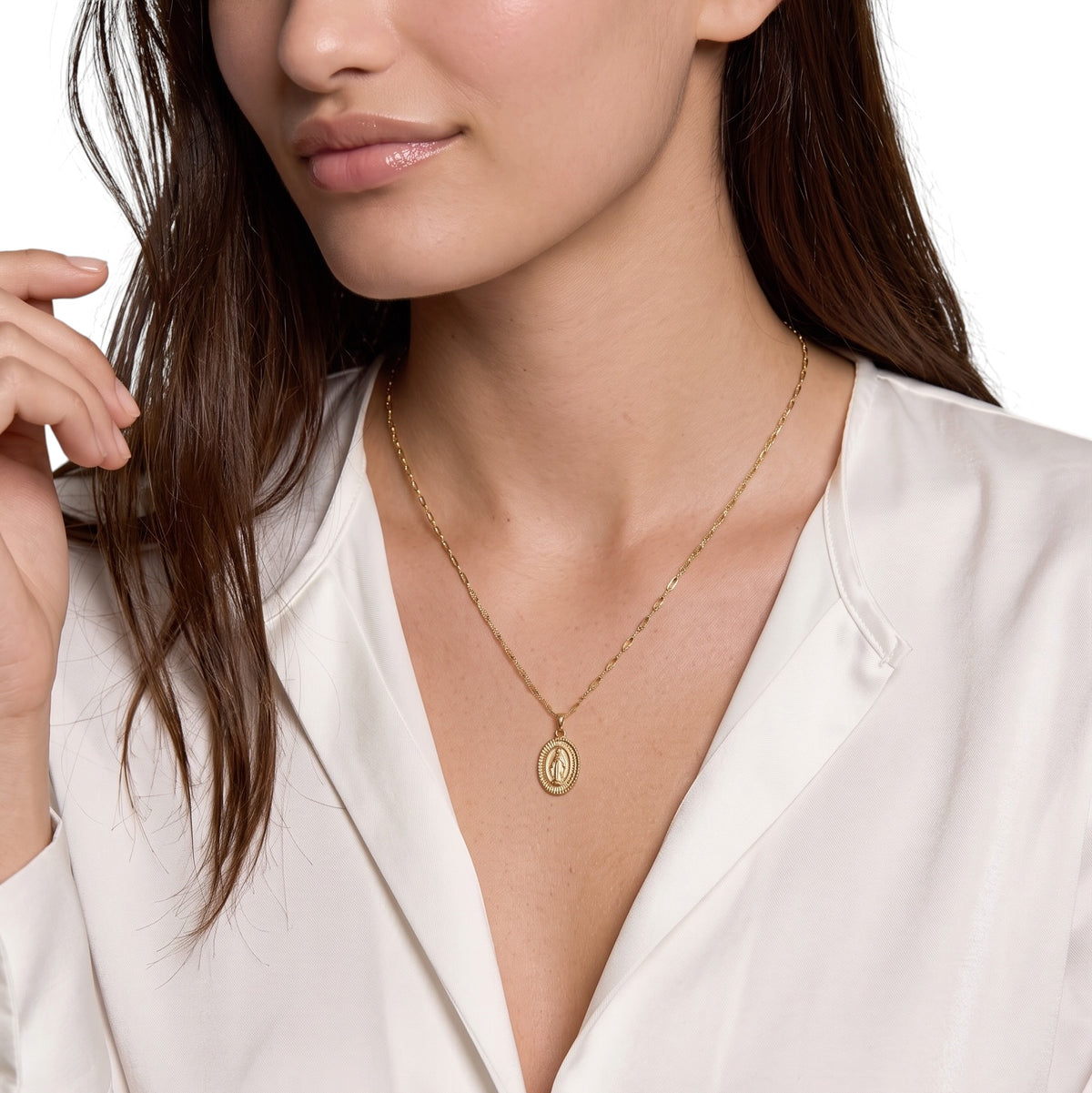 Lady of Grace 20mm 18K Gold Filled Pendant on Model
